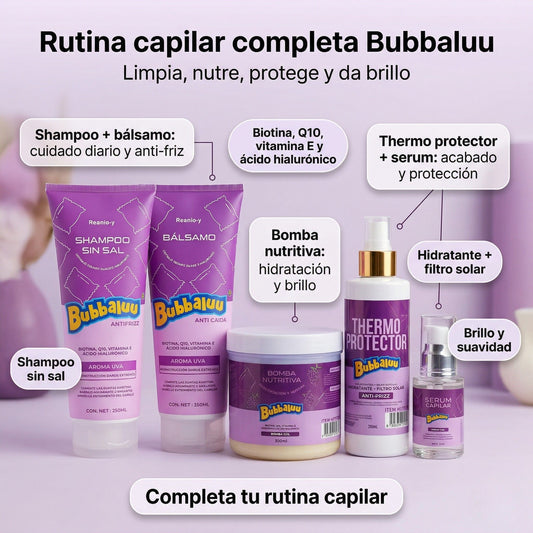 Cuidado Capilar Bubbaluu Uva🍇: Biotina + Ácido Hialurónico para Reconstrucción y Brillo Extremo
