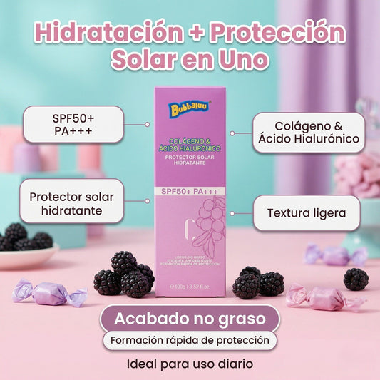 Protector Solar Hidratante Bubbaluu SPF50+ PA+++ con Colágeno y Ácido Hialurónico ☀️💜
