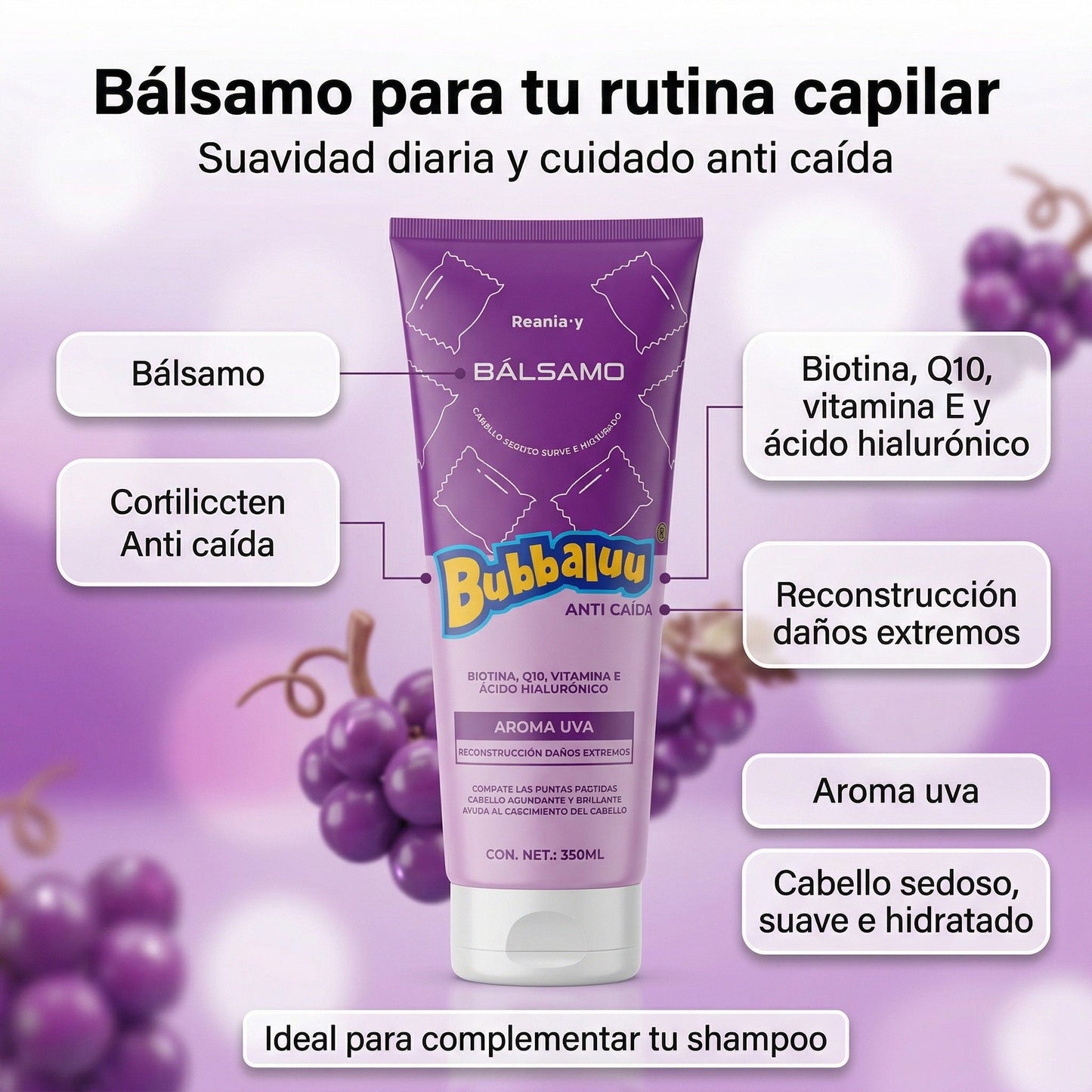 Cuidado Capilar Bubbaluu Uva🍇: Biotina + Ácido Hialurónico para Reconstrucción y Brillo Extremo