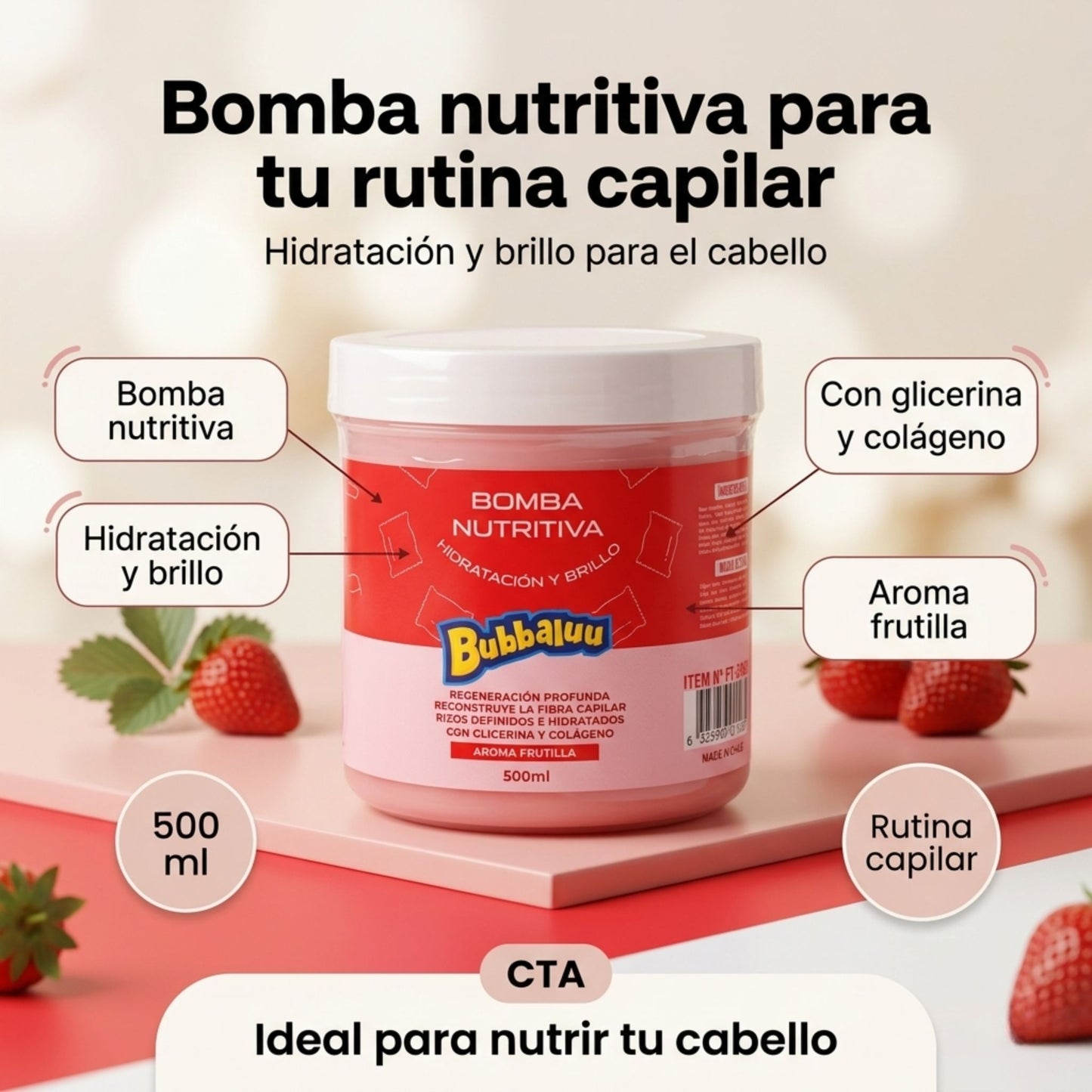 Cuidado Capilar Bubbaluu Frutilla🍓: Glicerina + Colágeno para un Cabello Suave y Brillante