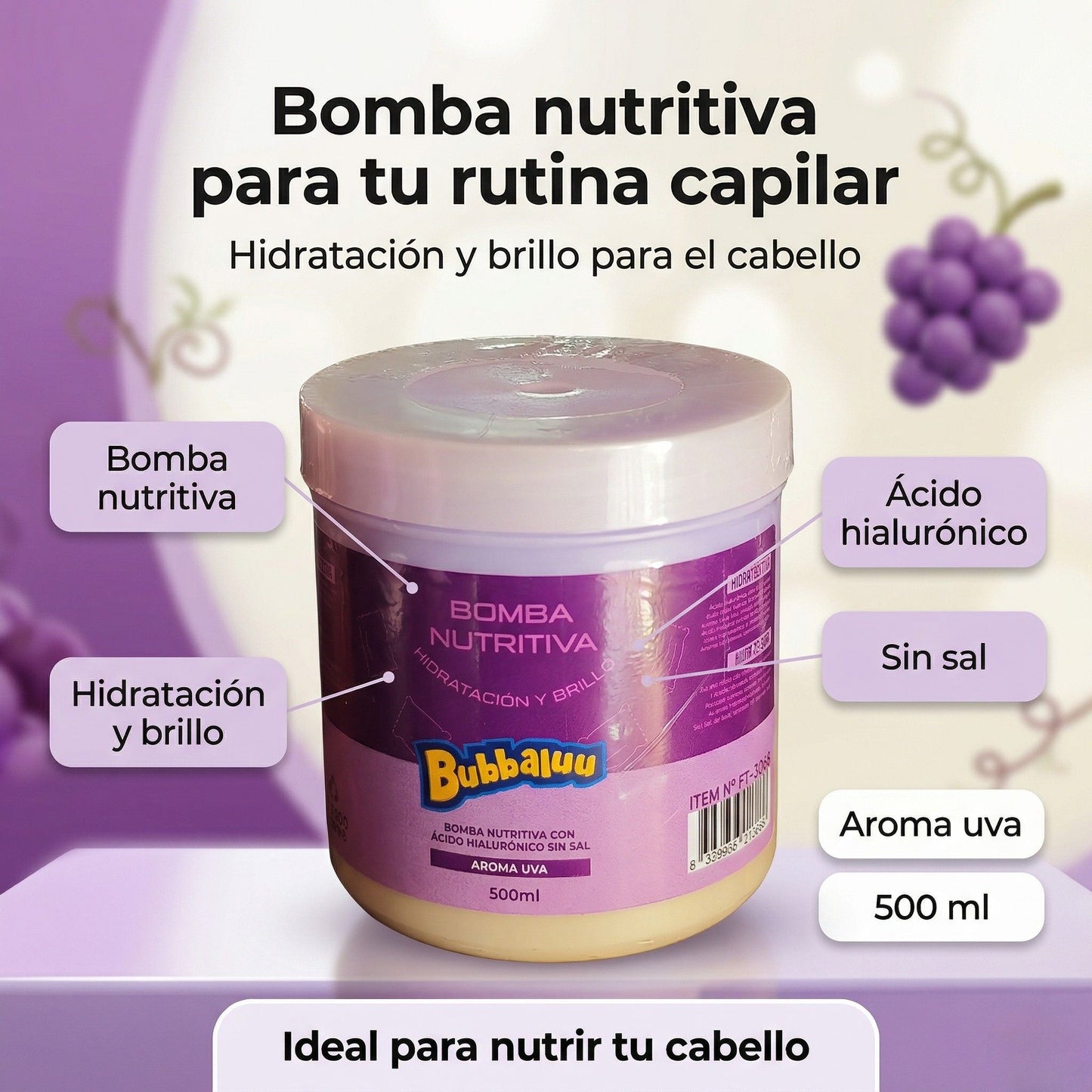 Cuidado Capilar Bubbaluu Uva🍇: Biotina + Ácido Hialurónico para Reconstrucción y Brillo Extremo