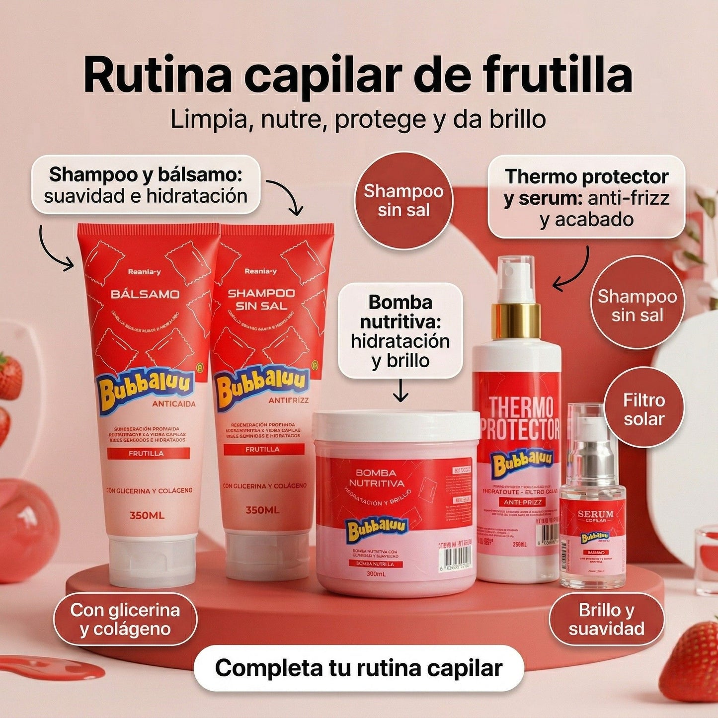 Cuidado Capilar Bubbaluu Frutilla🍓: Glicerina + Colágeno para un Cabello Suave y Brillante