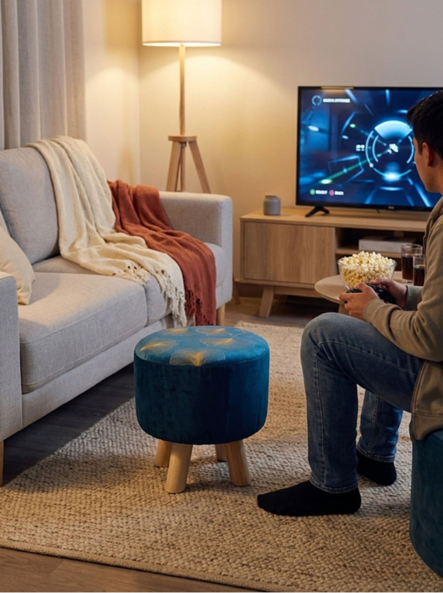 Puff azul como apoya pies en living frente al televisor