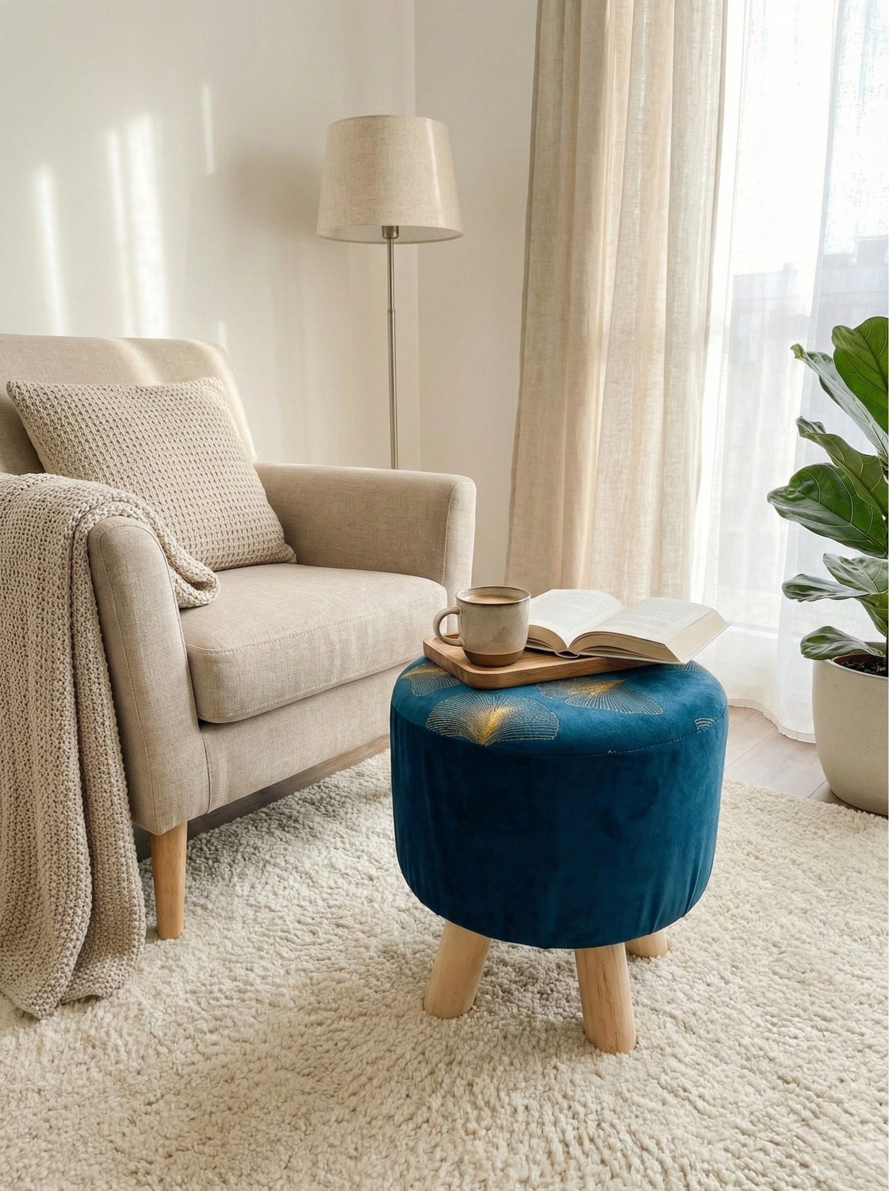 Puff azul usado como mesa auxiliar en living, decorativo y funcional