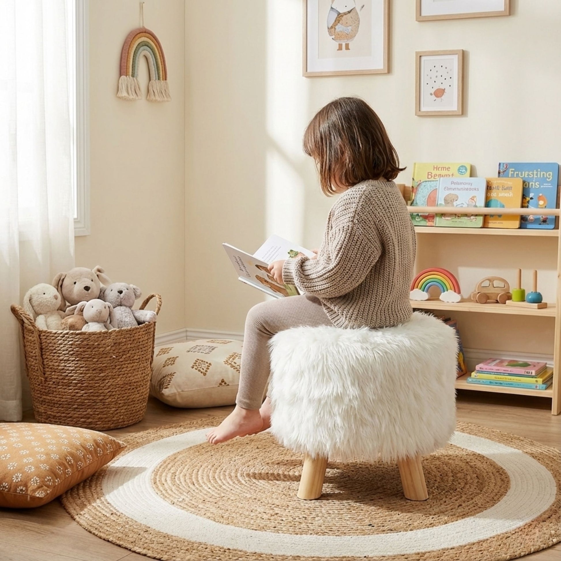Puff blanco como asiento auxiliar en sala de estar, ideal para espacios pequeños