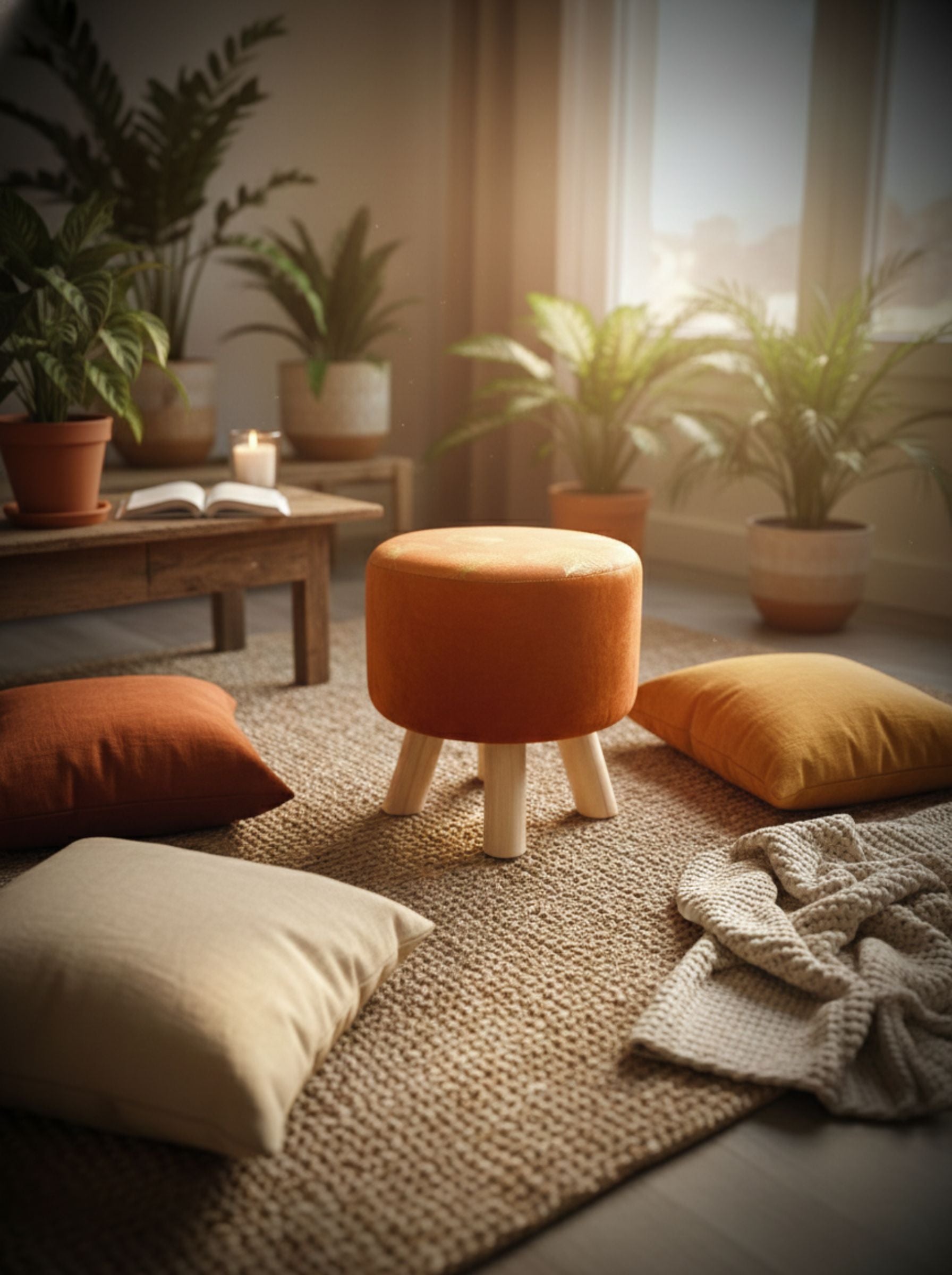 Puff cobre acolchado en ambiente interior con luz natural, patas de madera