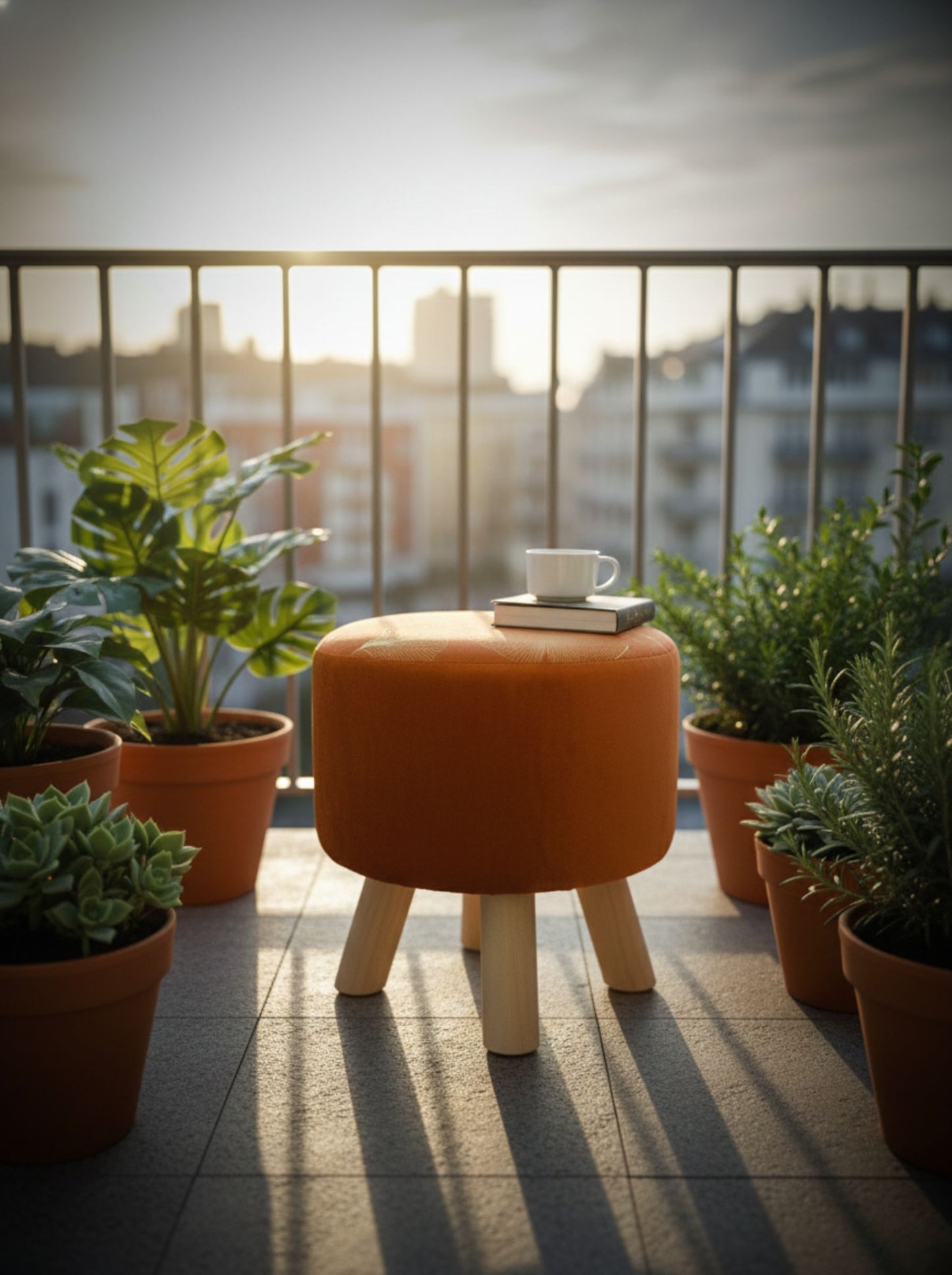 Puff color cobre en terraza con plantas, uso decorativo y funcional