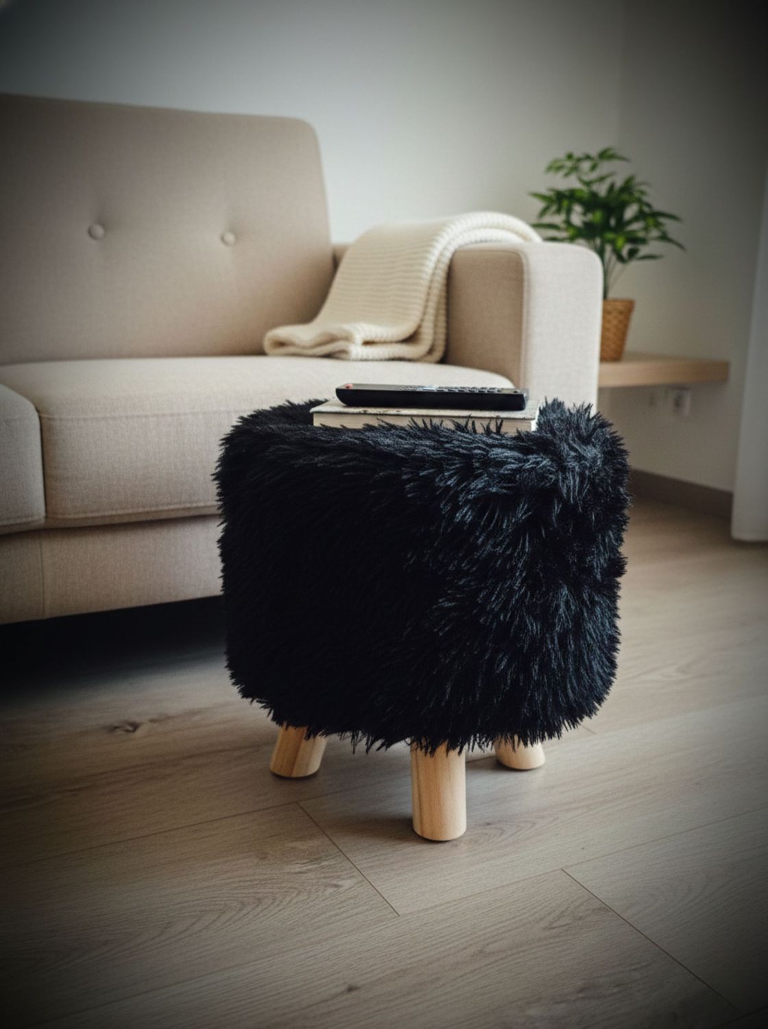 Puff negro peludo en living, asiento extra o apoya pies junto a sofá