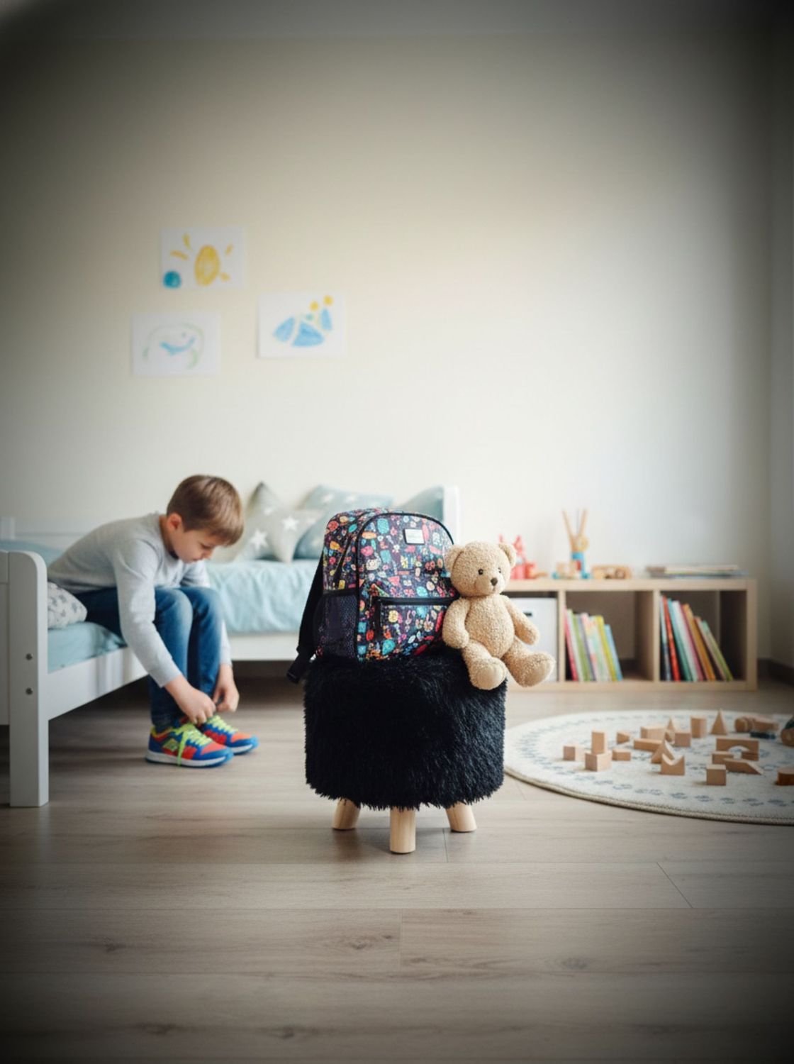 : Puff negro peludo como asiento auxiliar, ideal para uso familiar