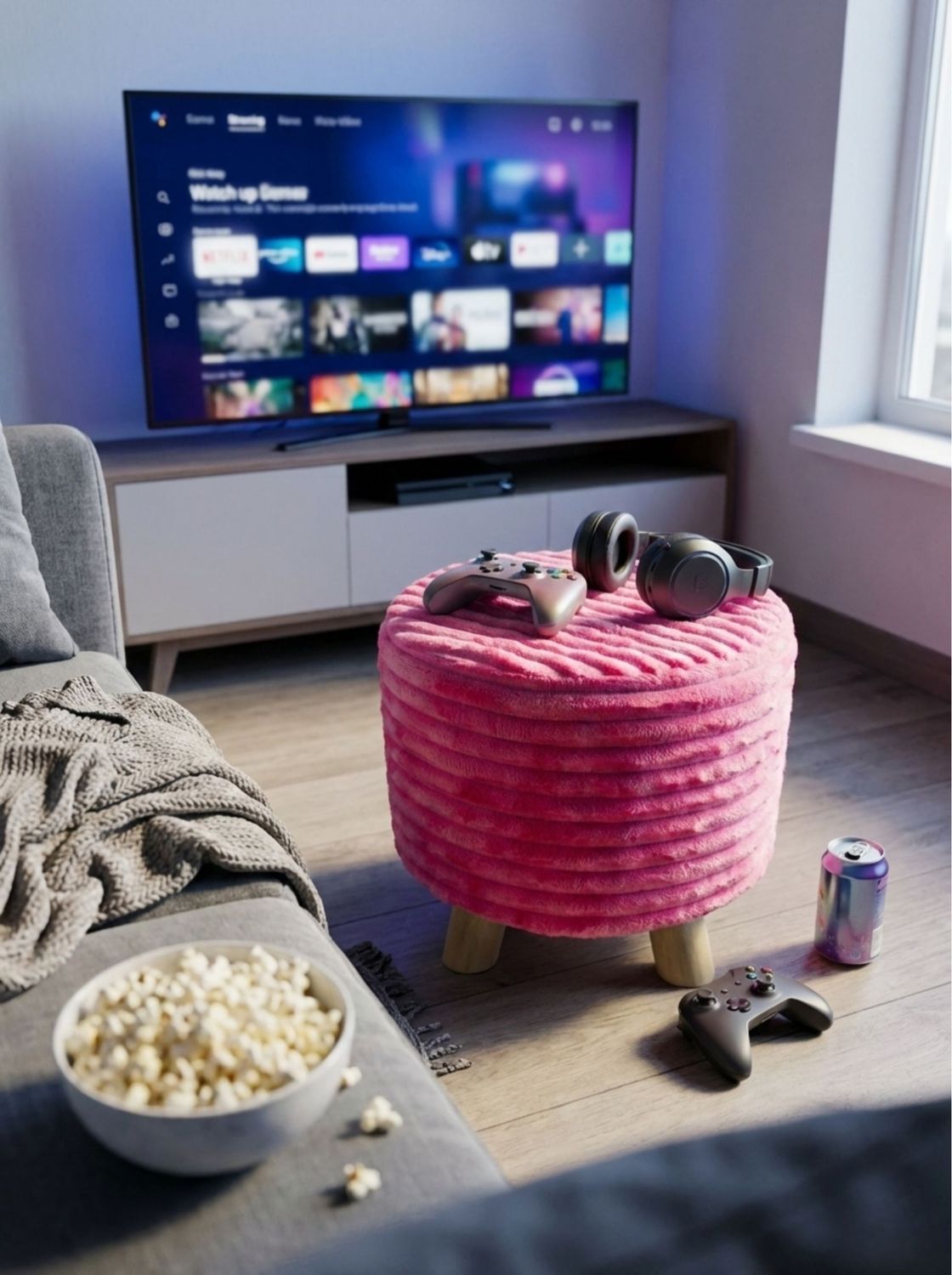 Puff rosa en living junto a sofá, ideal como mesa auxiliar o asiento extra