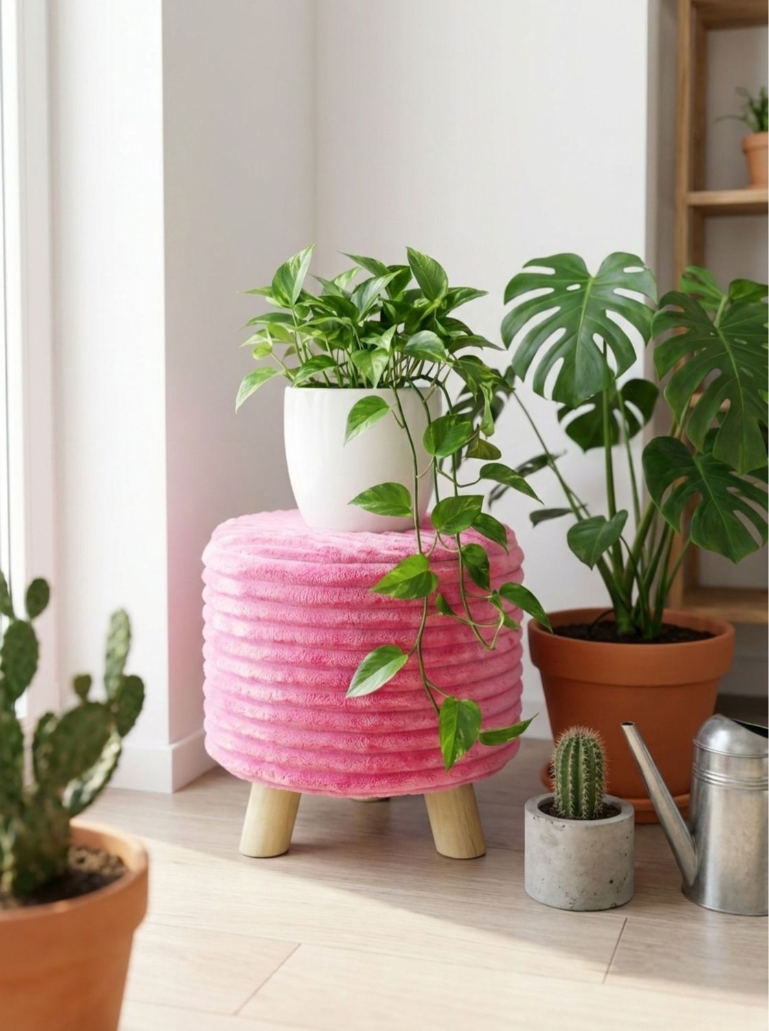 Puff rosa decorativo en living con plantas, patas de madera natural