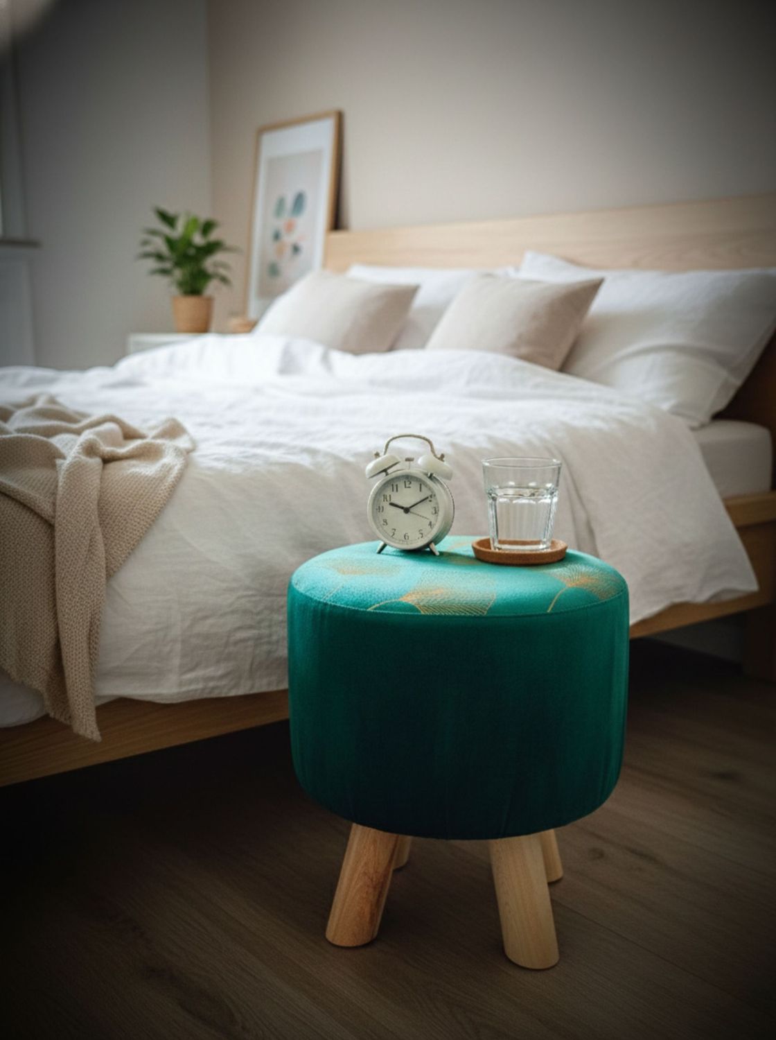 Puff verde como mesa auxiliar o asiento en dormitorio junto a la cama