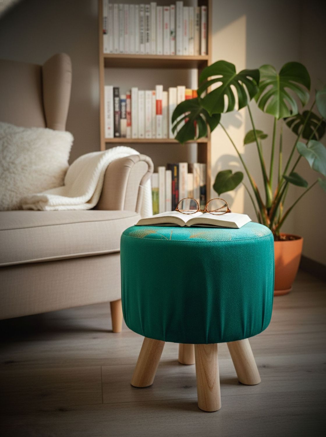 Puff verde decorativo en living con plantas, patas de madera natural
