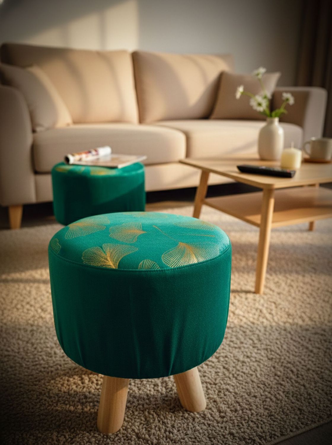 Puff verde acolchado en living, decorativo y funcional junto a sofá