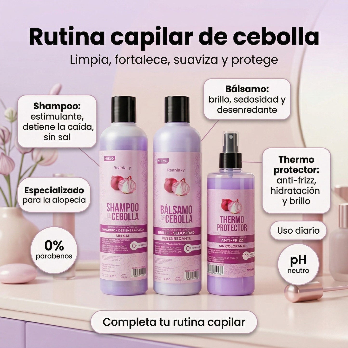 Tratamiento Estimulante Capilar de Cebolla: Shampoo + Bálsamo + Termoprotector 💜✨