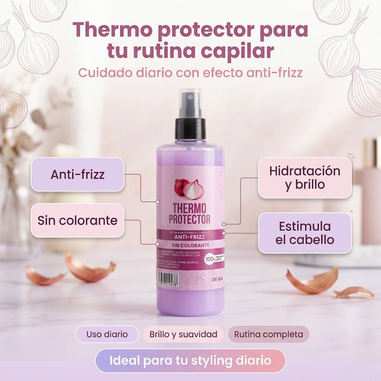 Tratamiento Estimulante Capilar de Cebolla: Shampoo + Bálsamo + Termoprotector 💜✨