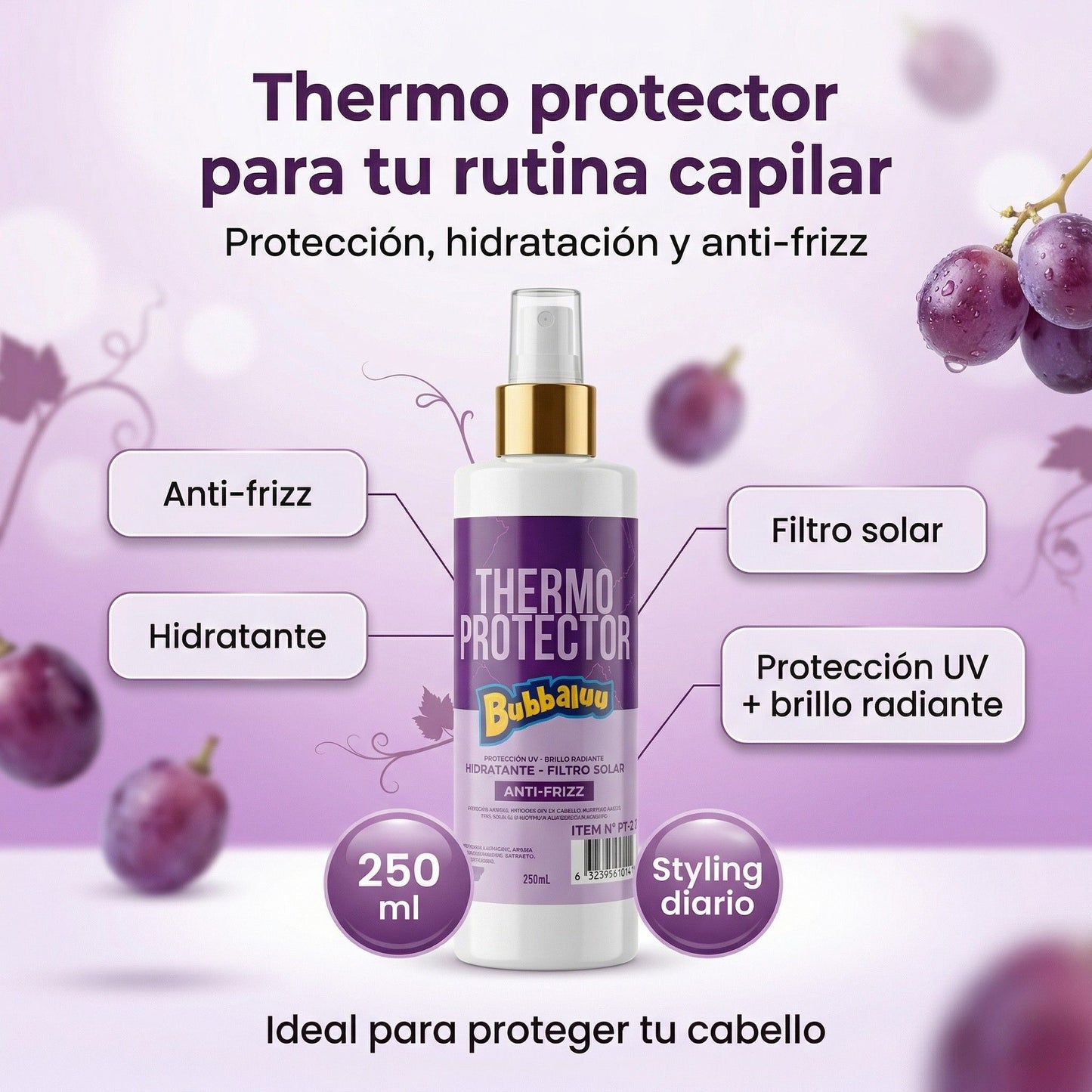 Cuidado Capilar Bubbaluu Uva🍇: Biotina + Ácido Hialurónico para Reconstrucción y Brillo Extremo